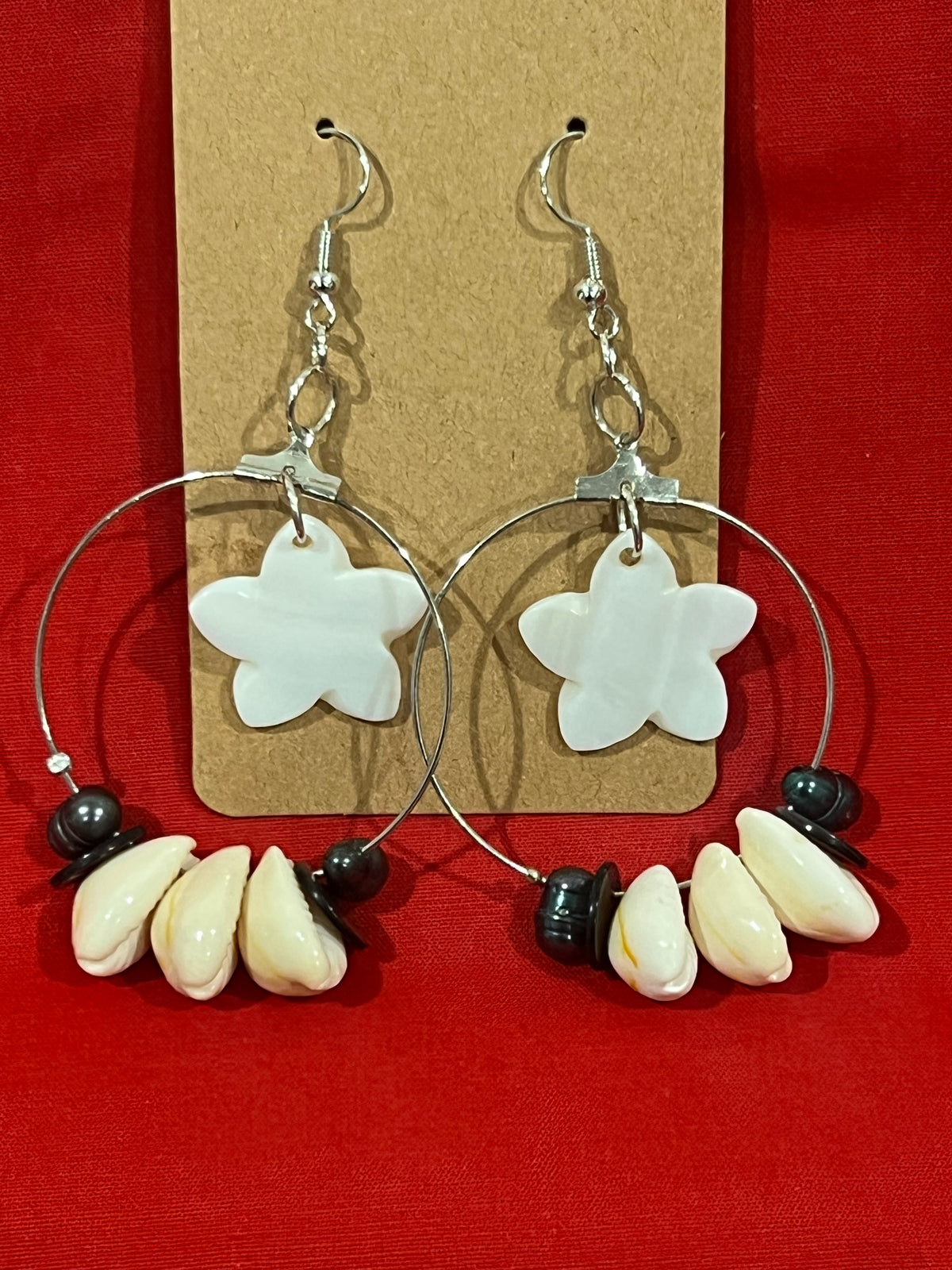 Bespoke Polynesian-Style Cowrie Shell and Mother of Pearl Floral Hoop Earrings