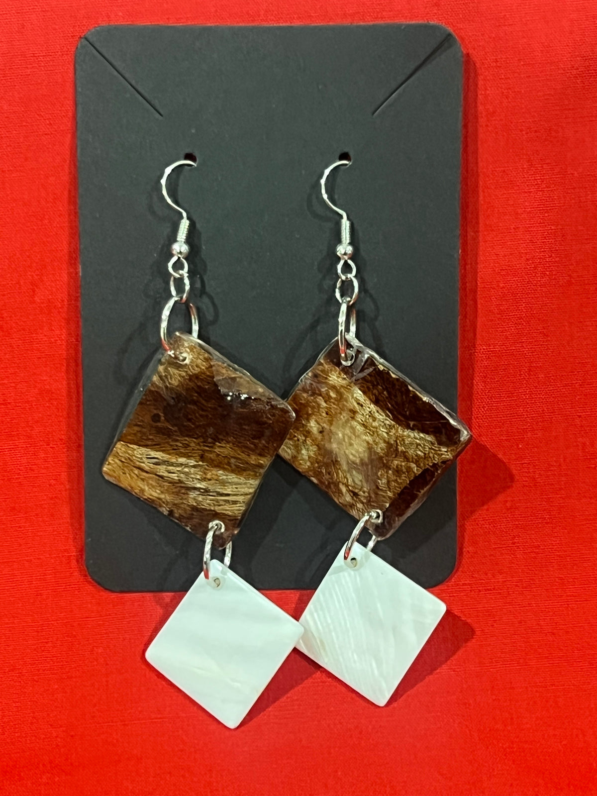Bespoke Polynesian- Tapa Style Brown and White Diamond Mother of Pearl Drop Earrings
