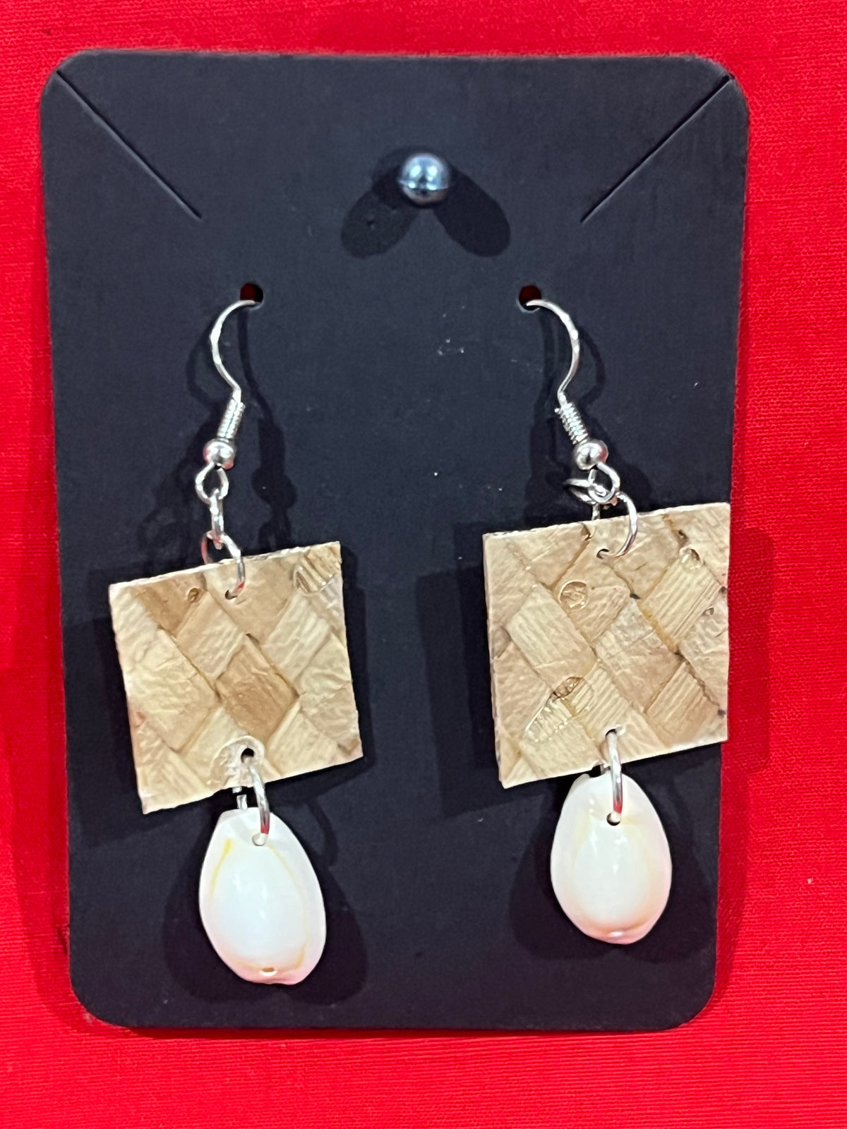 Bespoke Polynesian-Style Woven Lauhala Square and Cowie Shell Drop Earrings