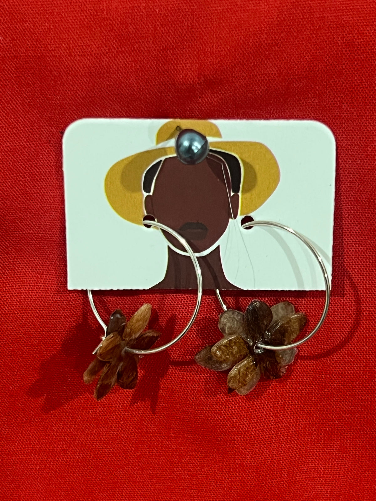 Bespoke Polynesian-Tapa Style Brown Floral Hoop Earrings